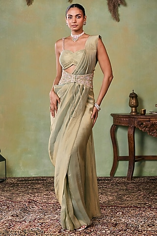 Metallic Sage Green Tissue Pre-Stitched Saree Set by Seema Thukral