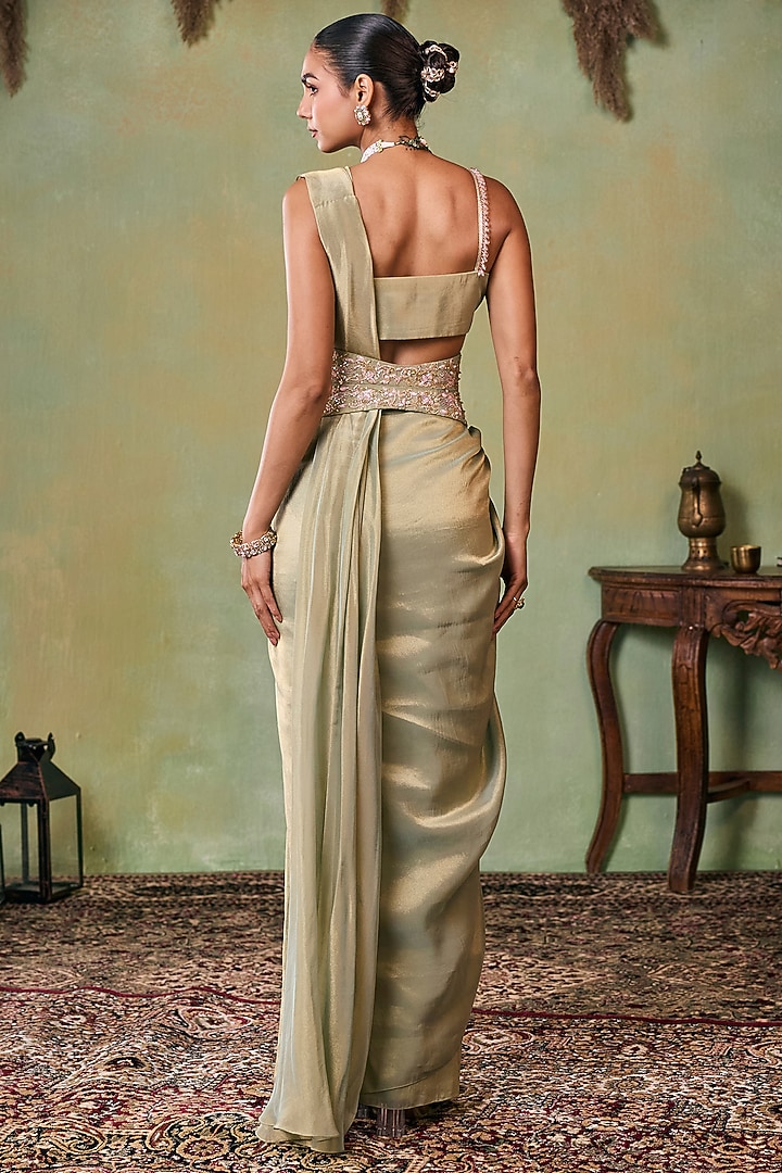 Metallic Sage Green Tissue Pre-Stitched Wedding Saree Set by Seema Thukral at Pernia's Pop Up Shop