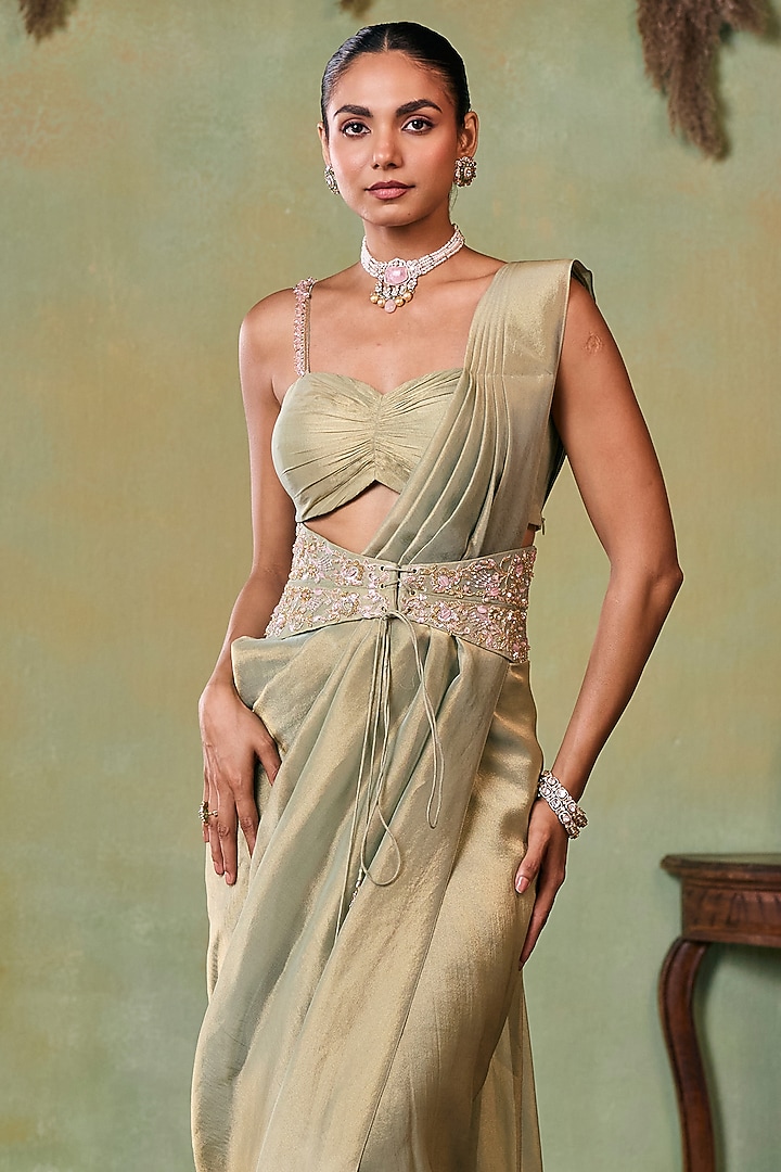 Metallic Sage Green Tissue Pre-Stitched Wedding Saree Set by Seema Thukral at Pernia's Pop Up Shop
