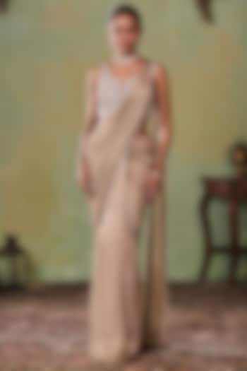 Gold Tissue Embellished Pre-Stitched Wedding Saree Set by Seema Thukral at Pernia's Pop Up Shop