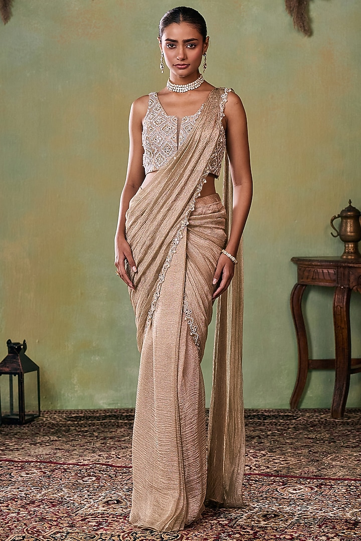 Gold Tissue Embellished Pre-Stitched Wedding Saree Set by Seema Thukral at Pernia's Pop Up Shop