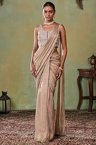 Gold Tissue Embellished Pre-Stitched Saree Set by Seema Thukral