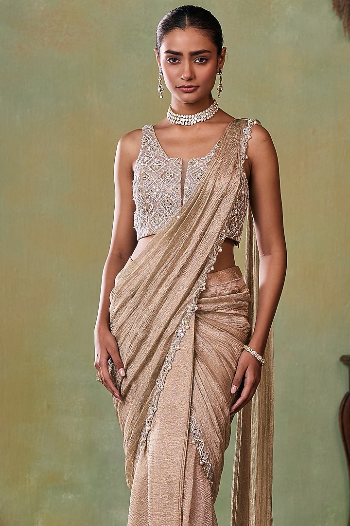 Gold Tissue Embellished Pre-Stitched Wedding Saree Set by Seema Thukral at Pernia's Pop Up Shop