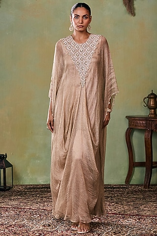Gold Tissue Embellished Kaftan Set by Seema Thukral