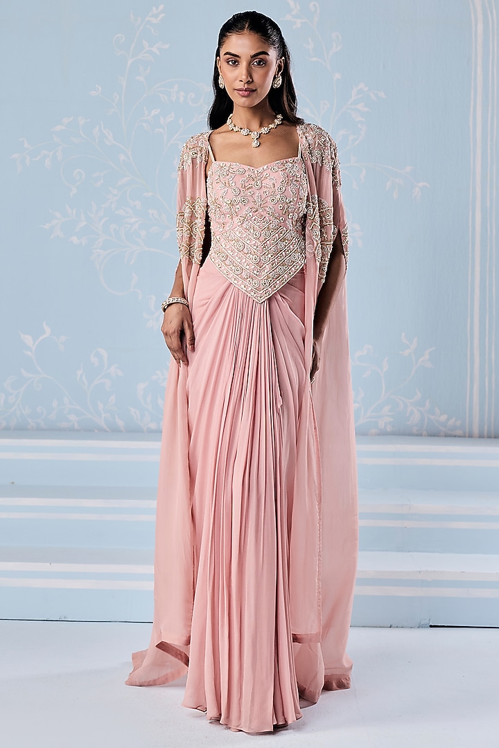 Dusty Pink Georgette Draped Skirt Set by Seema Thukral at Pernia's Pop Up Shop