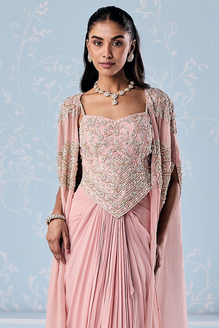 Dusty Pink Georgette Draped Skirt Set by Seema Thukral at Pernia's Pop Up Shop