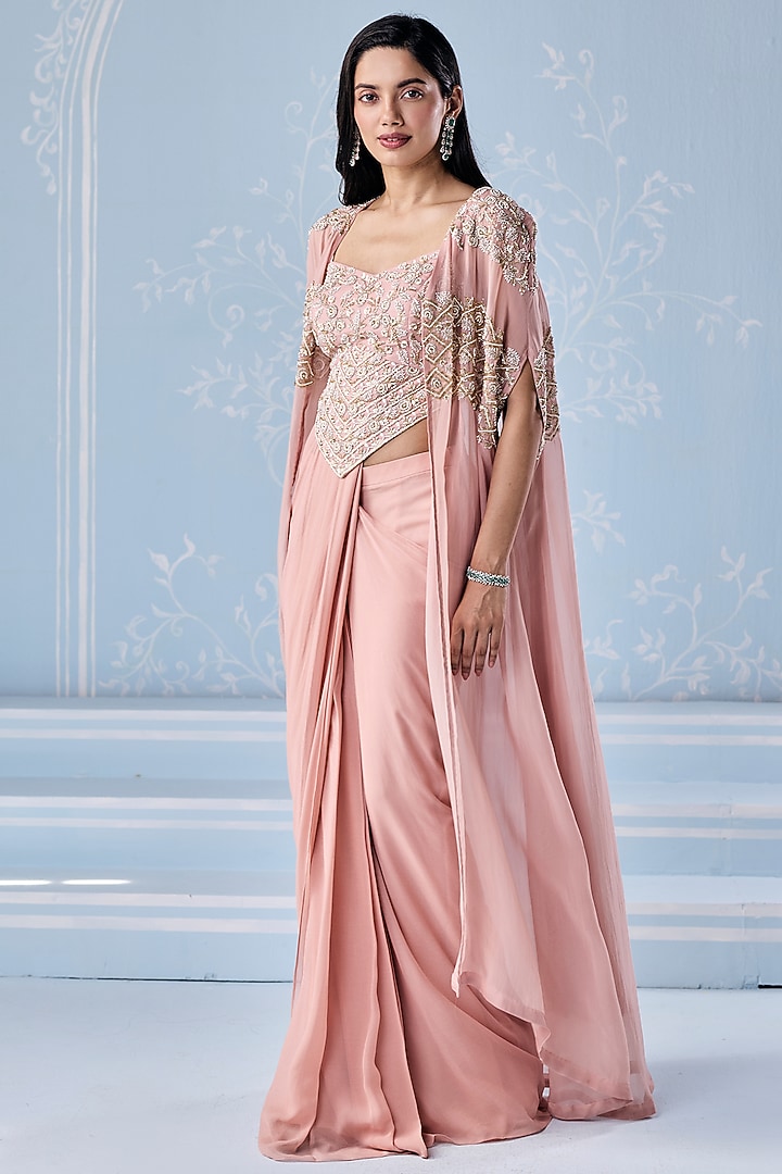 Dusty Pink Georgette Pre-Stitched Wedding Saree Set by Seema Thukral at Pernia's Pop Up Shop