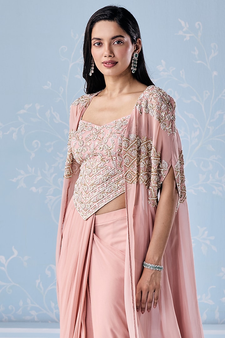 Dusty Pink Georgette Pre-Stitched Wedding Saree Set by Seema Thukral at Pernia's Pop Up Shop
