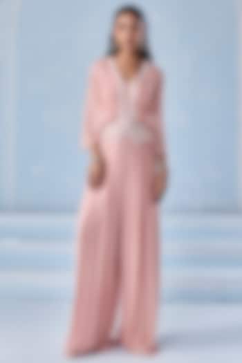 Dusty Pink Georgette Embellished Pleated Jumpsuit by Seema Thukral at Pernia's Pop Up Shop