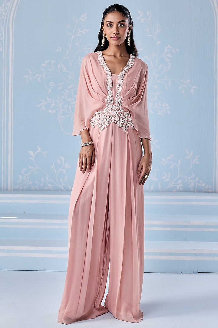 Dusty Pink Georgette Embellished Pleated Jumpsuit by Seema Thukral at Pernia's Pop Up Shop