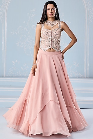Dusty Pink Organza Asymmetric Lehenga Set by Seema Thukral