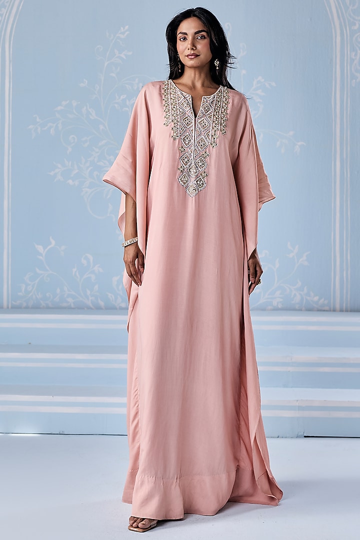 Dusty Pink Habutai Silk Embellished Kaftan by Seema Thukral at Pernia's Pop Up Shop