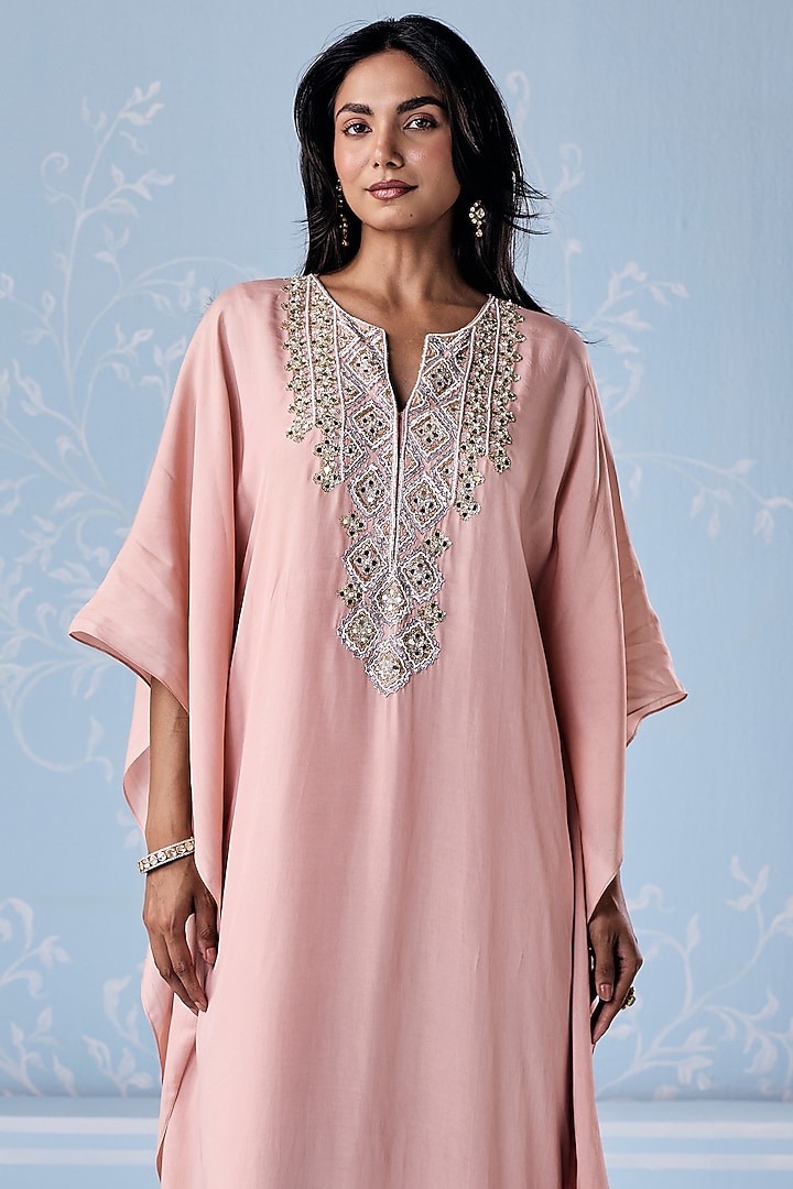 Dusty Pink Habutai Silk Embellished Kaftan by Seema Thukral at Pernia's Pop Up Shop