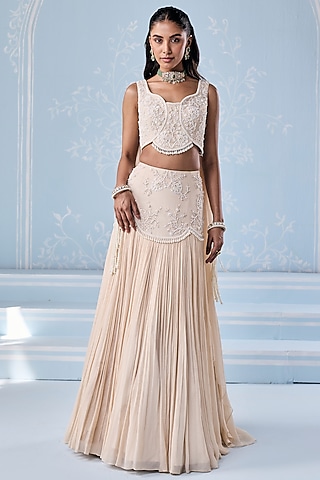 Ivory Georgette Embellished Lehenga Set by Seema Thukral