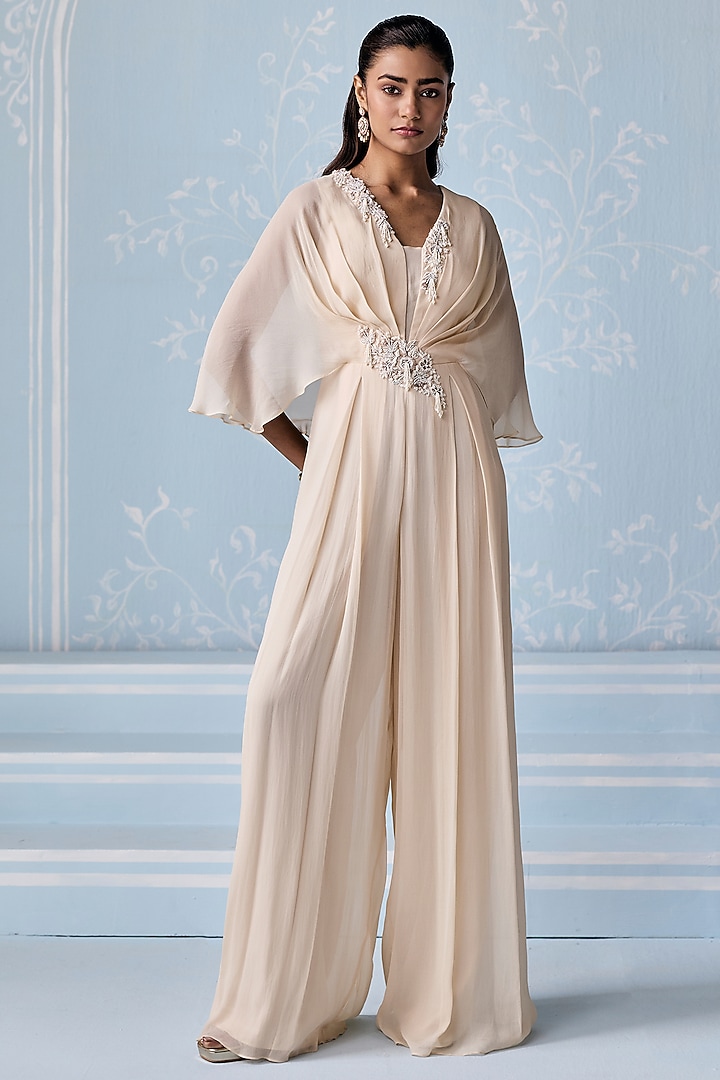 Ivory Georgette Embellished Jumpsuit by Seema Thukral at Pernia's Pop Up Shop