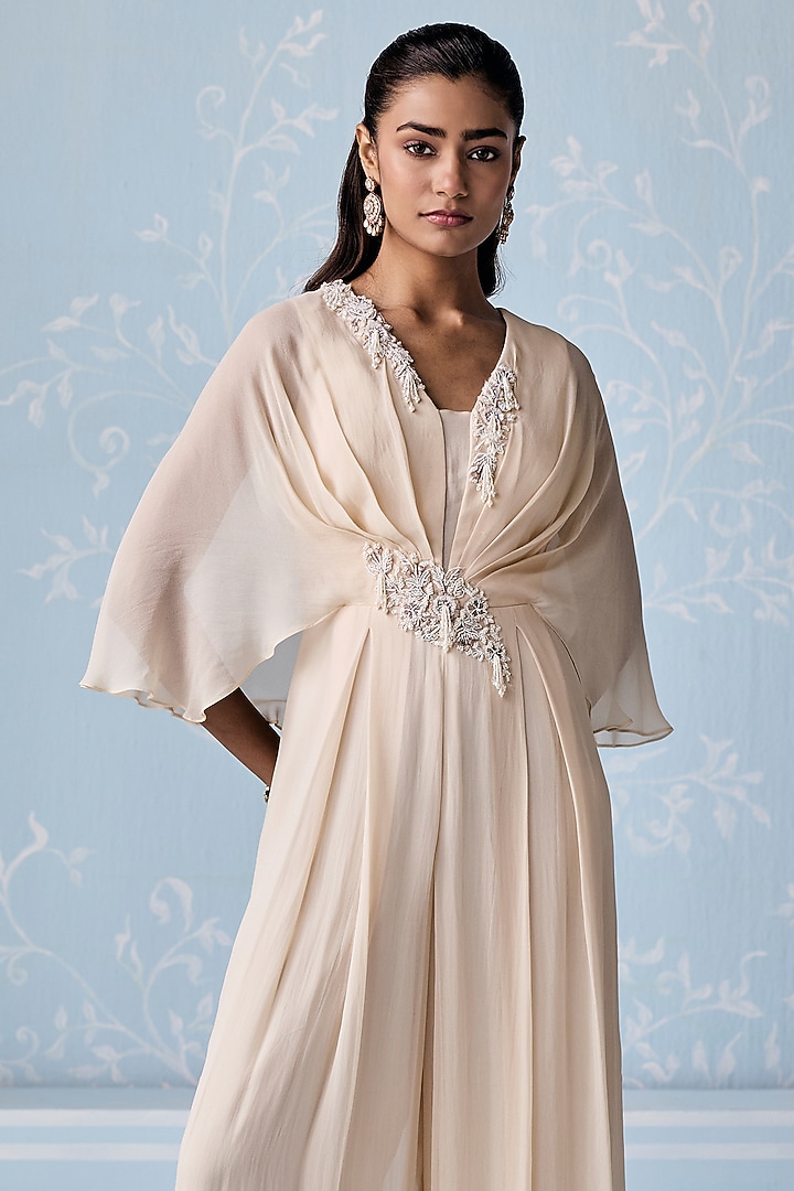 Ivory Georgette Embellished Jumpsuit by Seema Thukral at Pernia's Pop Up Shop