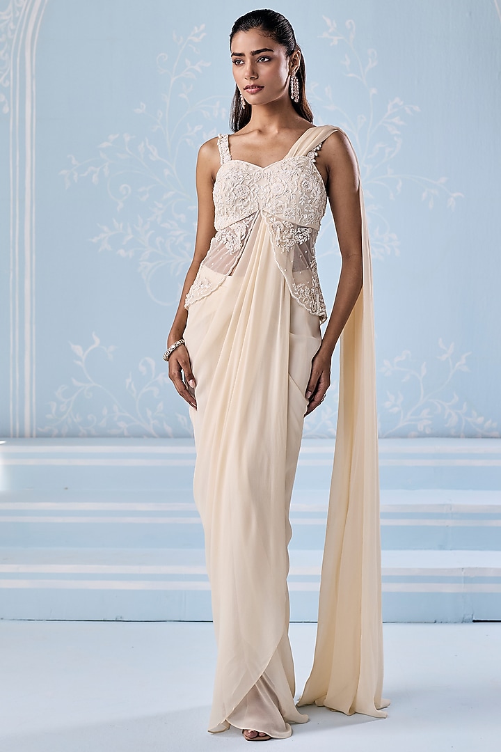 Ivory Georgette Embellished Dhoti Wedding Saree Set by Seema Thukral at Pernia's Pop Up Shop