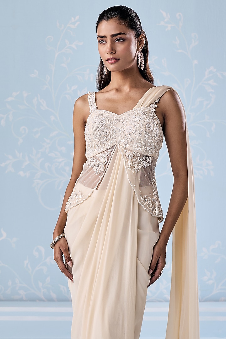 Ivory Georgette Embellished Dhoti Wedding Saree Set by Seema Thukral at Pernia's Pop Up Shop