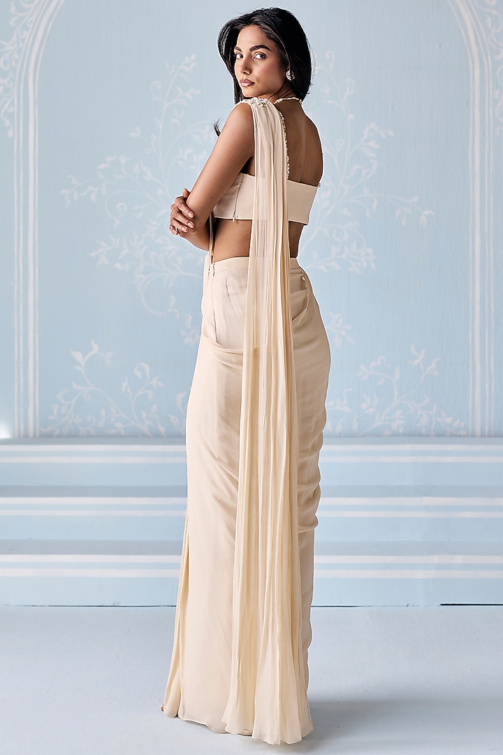 Ivory Georgette Embellished Pre-Stitched Party Wear Saree Set by Seema Thukral at Pernia's Pop Up Shop