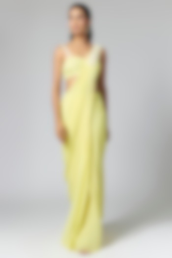 Lemon Yellow Georgette Pre-Stitched Party Wear Saree Set by Seema Thukral at Pernia's Pop Up Shop