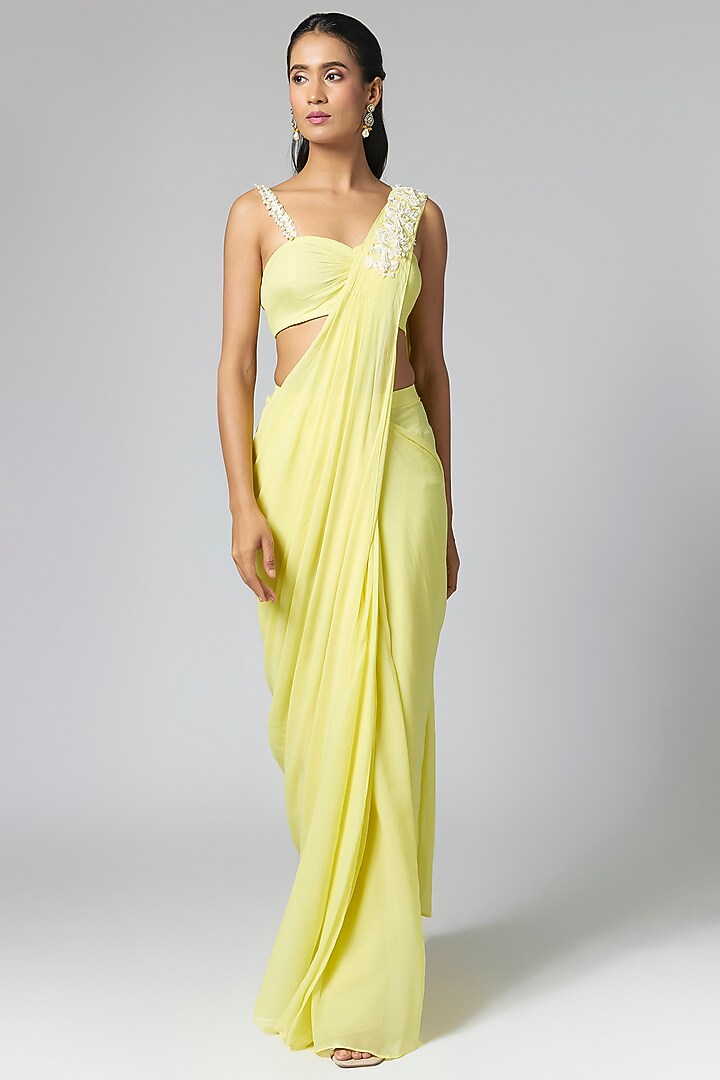 Lemon Yellow Georgette Pre-Stitched Party Wear Saree Set by Seema Thukral at Pernia's Pop Up Shop