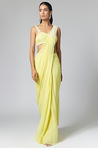 Lemon Yellow Georgette Pre-Stitched Saree Set by Seema Thukral