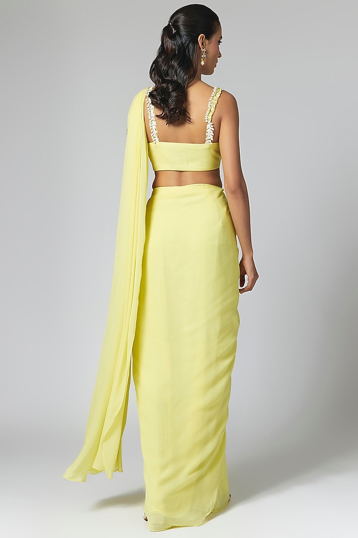 Lemon Yellow Georgette Pre-Stitched Party Wear Saree Set by Seema Thukral at Pernia's Pop Up Shop