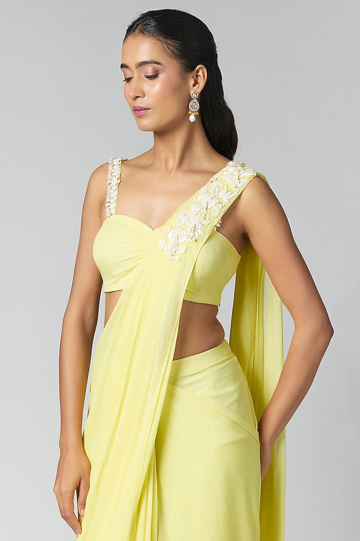 Lemon Yellow Georgette Pre-Stitched Party Wear Saree Set by Seema Thukral at Pernia's Pop Up Shop