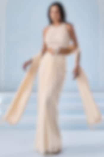 Ivory Georgette Embellished Draped Skirt Set by Seema Thukral at Pernia's Pop Up Shop
