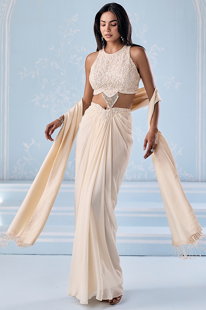 Ivory Georgette Embellished Draped Skirt Set by Seema Thukral at Pernia's Pop Up Shop