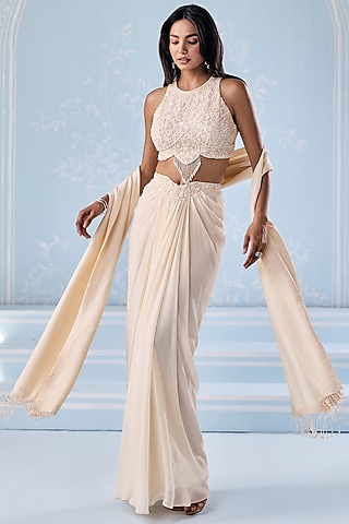 Ivory Georgette Embellished Draped Skirt Set by Seema Thukral