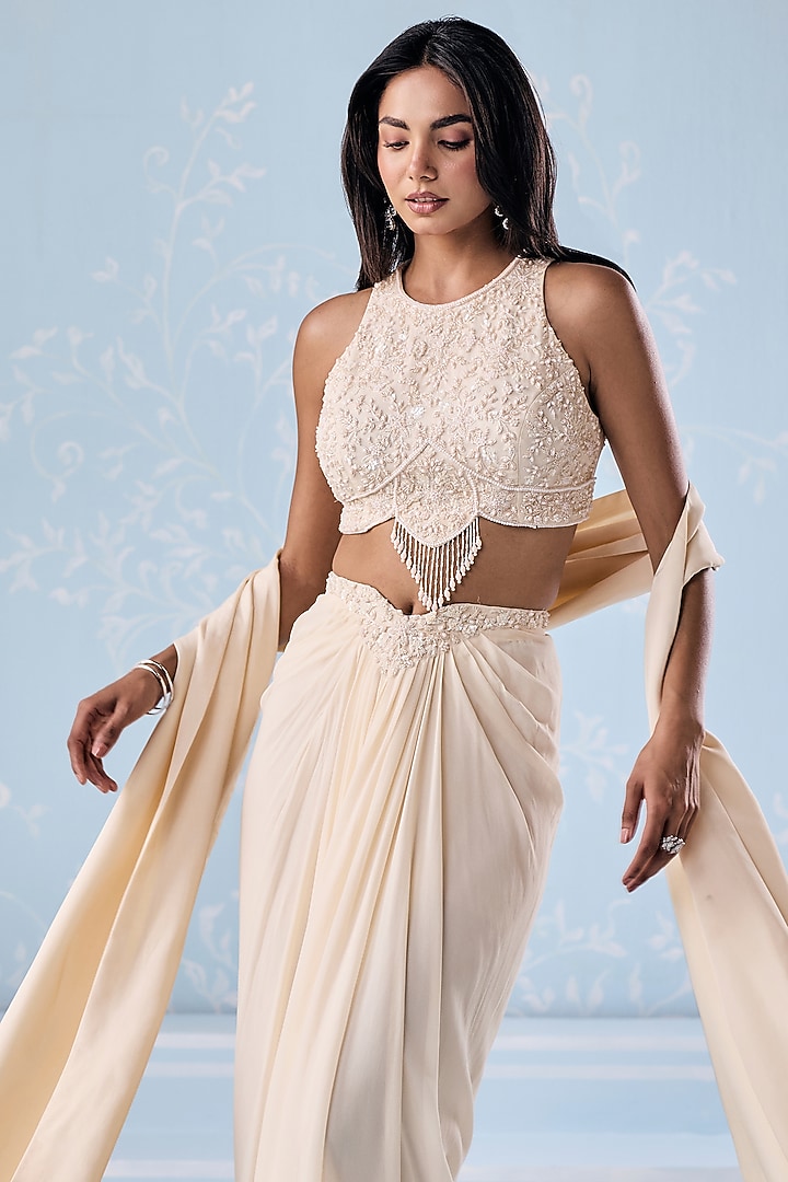 Ivory Georgette Embellished Draped Skirt Set by Seema Thukral at Pernia's Pop Up Shop