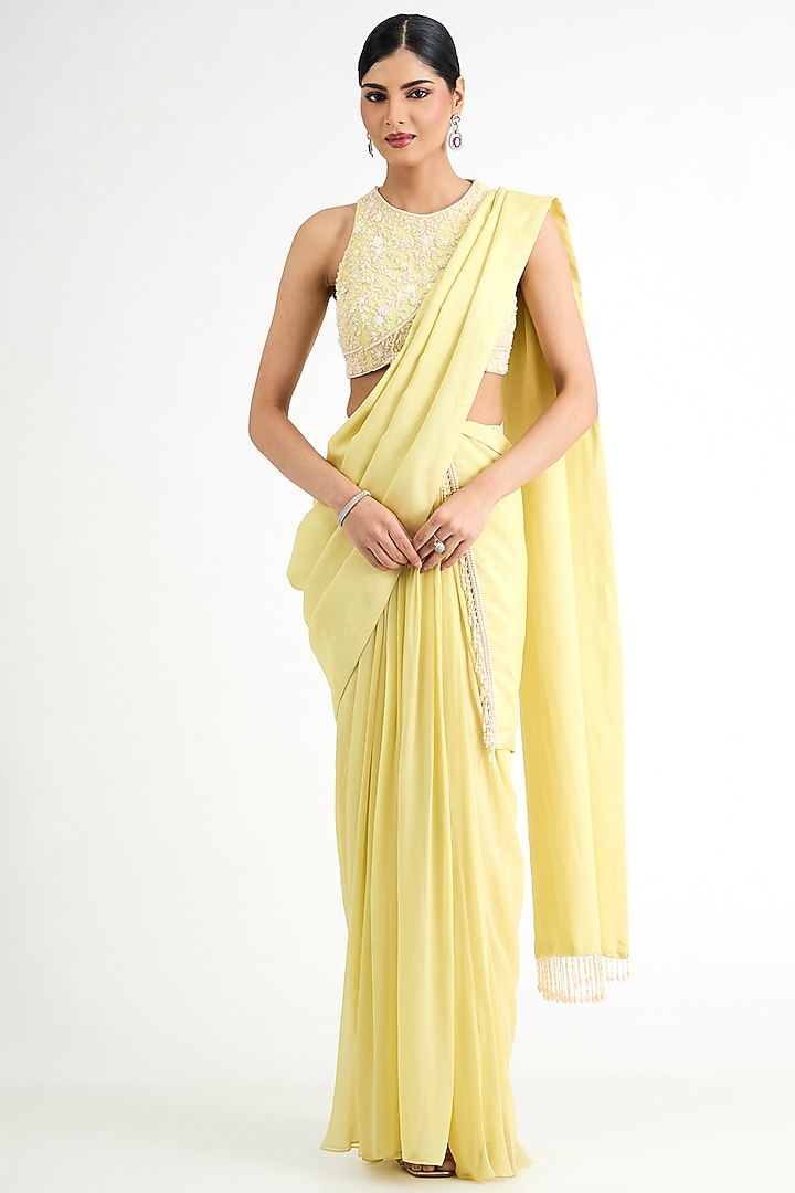 Lemon Yellow Georgette Embellished Draped Skirt Set by Seema Thukral at Pernia's Pop Up Shop