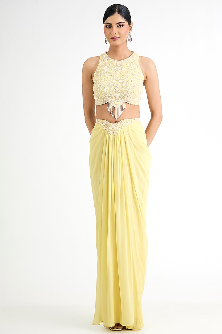 Lemon Yellow Georgette Embellished Draped Skirt Set by Seema Thukral at Pernia's Pop Up Shop