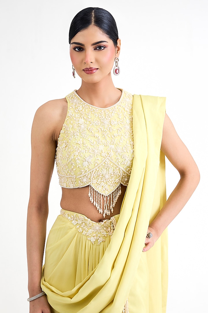 Lemon Yellow Georgette Embellished Draped Skirt Set by Seema Thukral at Pernia's Pop Up Shop