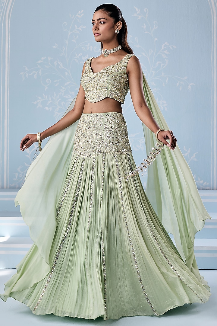 Mint Green Georgette Embellished Wedding Lehenga Set by Seema Thukral at Pernia's Pop Up Shop