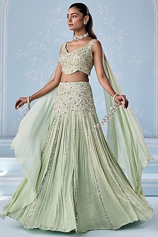 Mint Green Georgette Embellished Lehenga Set by Seema Thukral