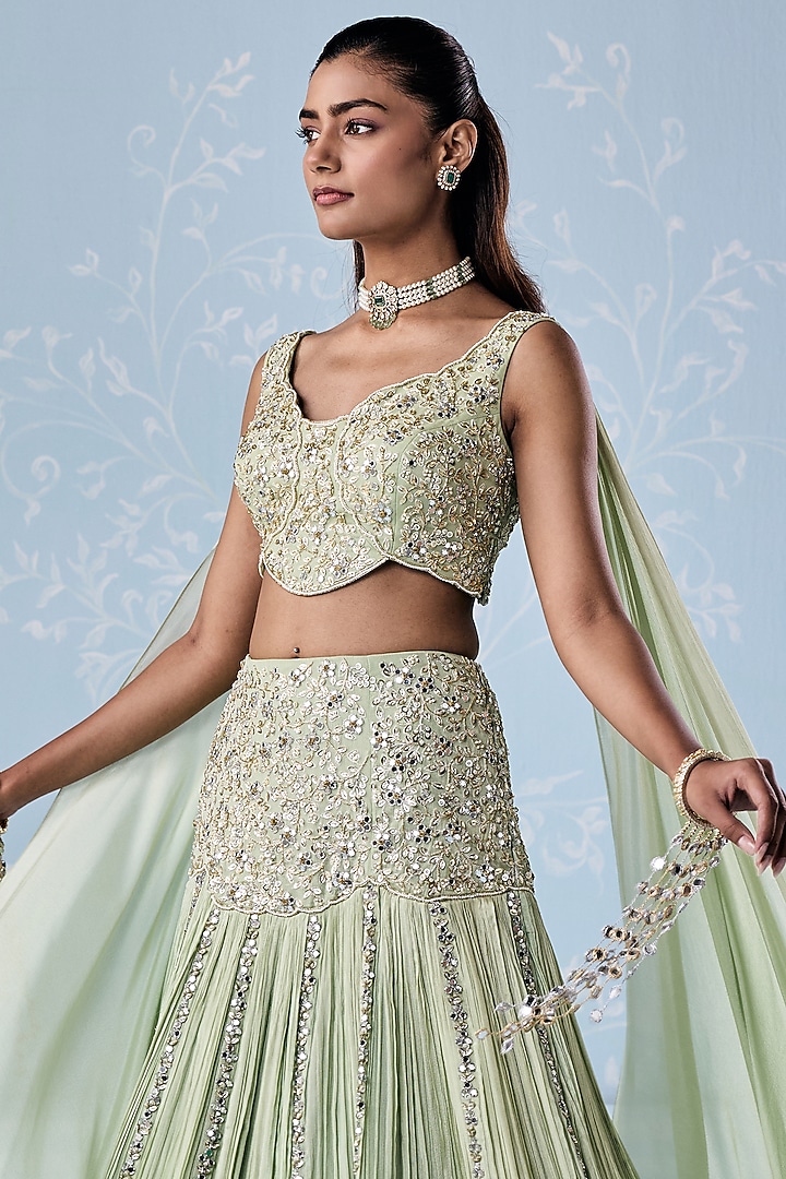 Mint Green Georgette Embellished Wedding Lehenga Set by Seema Thukral at Pernia's Pop Up Shop