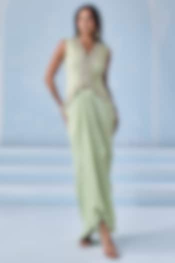 Mint Green Habutai Silk Draped Skirt Set by Seema Thukral at Pernia's Pop Up Shop