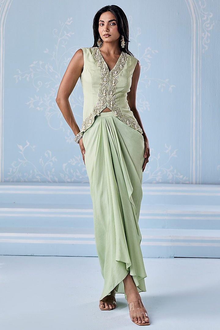 Mint Green Habutai Silk Draped Skirt Set by Seema Thukral at Pernia's Pop Up Shop