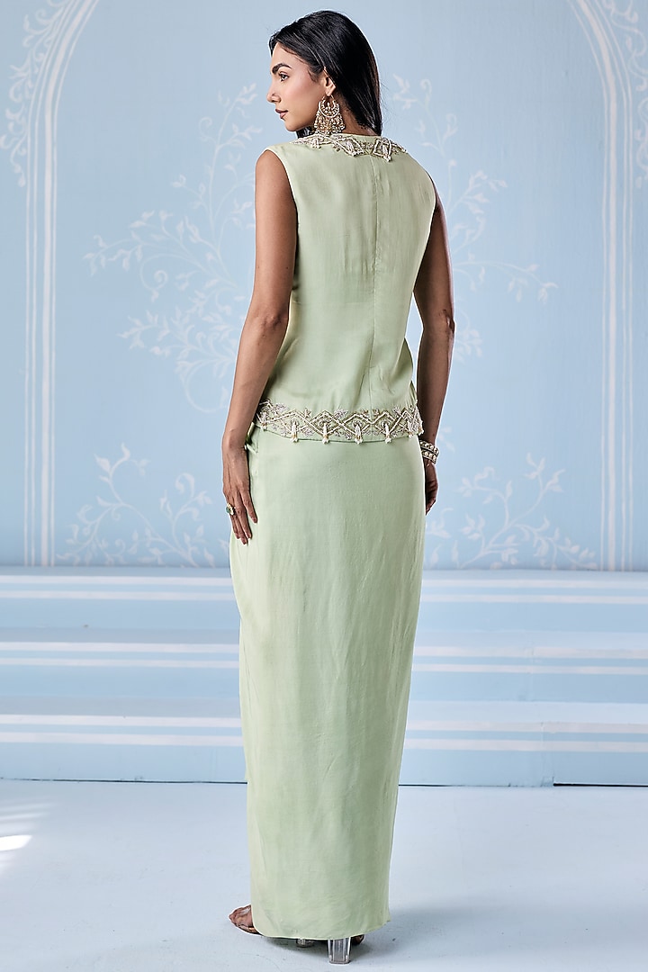 Mint Green Habutai Silk Draped Skirt Set by Seema Thukral at Pernia's Pop Up Shop