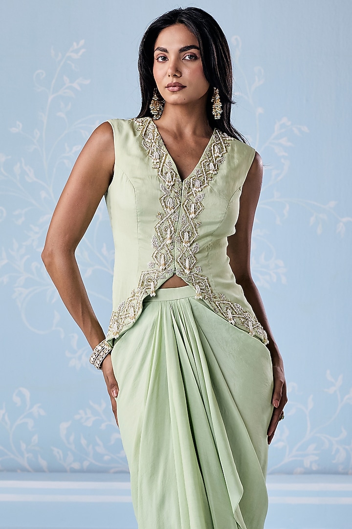 Mint Green Habutai Silk Draped Skirt Set by Seema Thukral at Pernia's Pop Up Shop