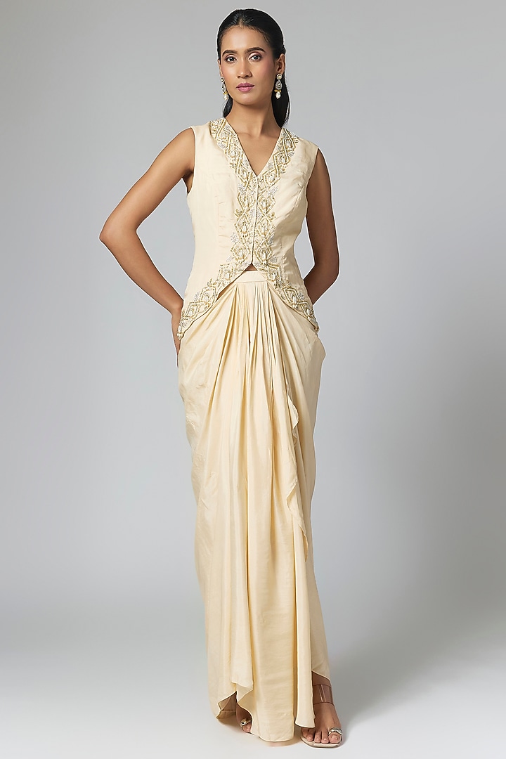 Ivory Habutai Silk Embellished Jacket Set by Seema Thukral at Pernia's Pop Up Shop