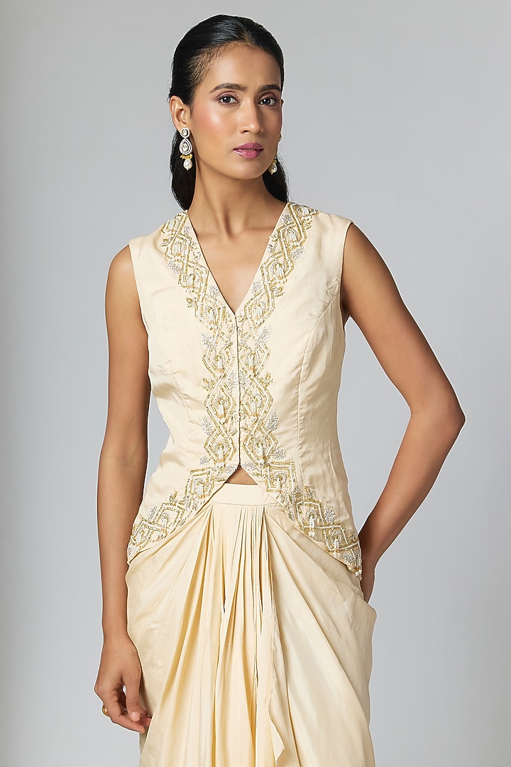 Ivory Habutai Silk Embellished Jacket Set by Seema Thukral at Pernia's Pop Up Shop