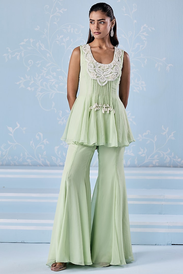 Mint Green Organza Embellished Co-Ord Set by Seema Thukral at Pernia's Pop Up Shop