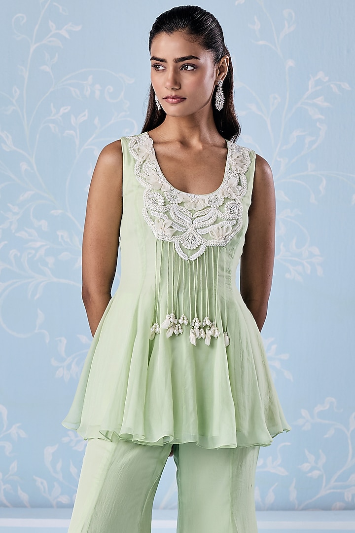 Mint Green Organza Embellished Co-Ord Set by Seema Thukral at Pernia's Pop Up Shop