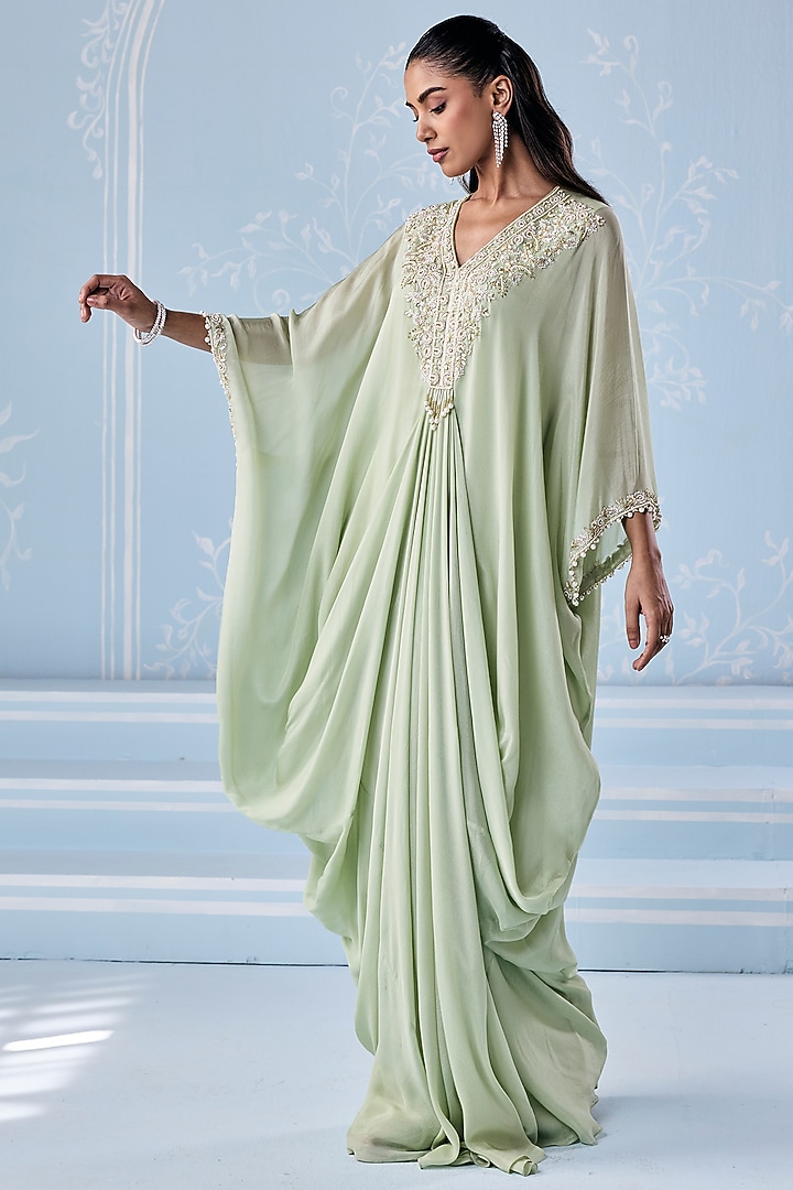 Mint Green Chiffon Embellished Kaftan by Seema Thukral at Pernia's Pop Up Shop