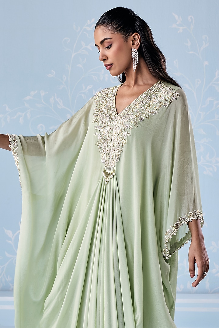 Mint Green Chiffon Embellished Kaftan by Seema Thukral at Pernia's Pop Up Shop