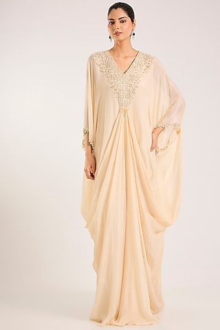 Ivory Chiffon Embellished Kaftan by Seema Thukral
