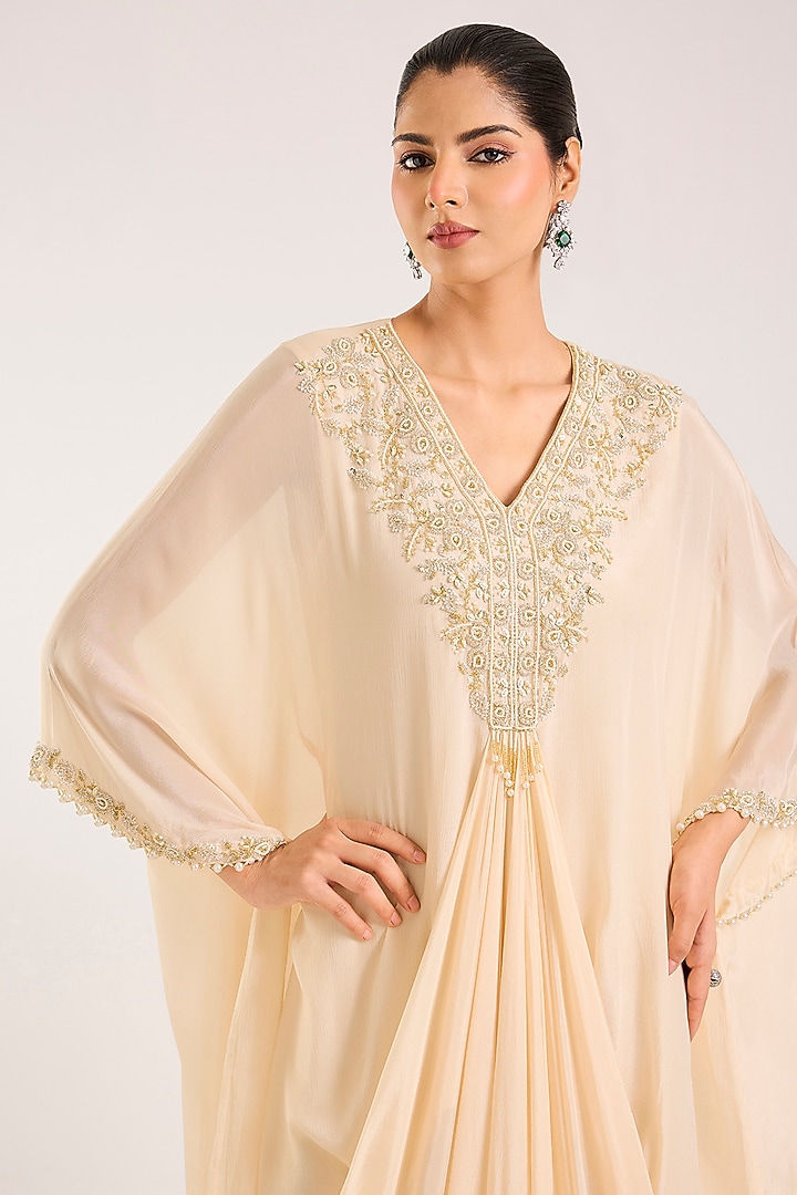 Ivory Chiffon Embellished Kaftan by Seema Thukral at Pernia's Pop Up Shop